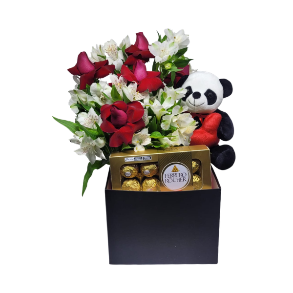 Arranjo Box Quadrada M Rosa Vermelha, Alstroeméria, Panda e Ferrero - Imagem 2