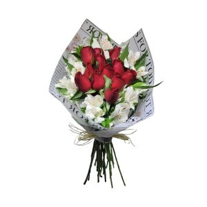 Buquê de 12 Rosas Vermelhas e Alstroemerias Brancas