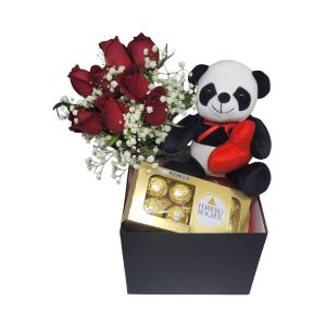 Arranjo Box Quadrada M Rosa Vermelha, Panda e Ferrero